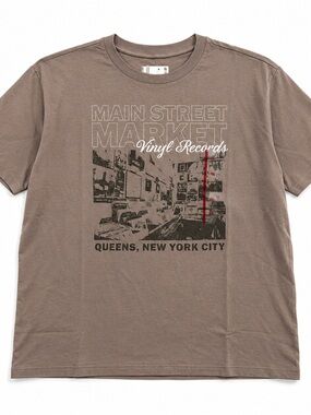 DOE Main Street Market Vinyl Records Graphic T-Shirt XL Taupe NYC Oversized Tee